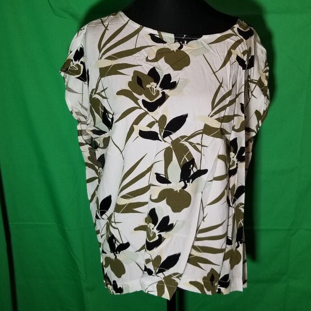 Liz‎ Claiborne Womens Size Large White & Olive Green Floral Blouse Office Party